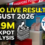 Wide-angle photo inside a Singapore Pools outlet, focusing on an electronic screen displaying "AUGUST 2026 TOTO DRAW LIVE" and a "$5,900,838" jackpot ticker, with a hand holding a System 7 ticket.
