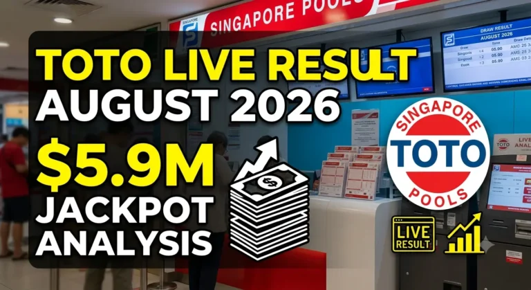Wide-angle photo inside a Singapore Pools outlet, focusing on an electronic screen displaying "AUGUST 2026 TOTO DRAW LIVE" and a "$5,900,838" jackpot ticker, with a hand holding a System 7 ticket.