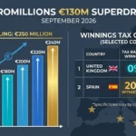 Infographic displaying the September 25 2026 EuroMillions Superdraw €130 million starting jackpot, €250 million cap rules, and transnational tax comparison.