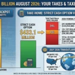 Infographic breaking down the August 2026 $1 billion Powerball jackpot, comparing the $433.1 million cash lump sum take-home value after federal tax withholdings and UK player expansion details.