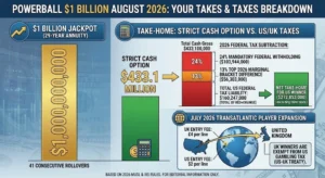 Infographic breaking down the August 2026 $1 billion Powerball jackpot, comparing the $433.1 million cash lump sum take-home value after federal tax withholdings and UK player expansion details.